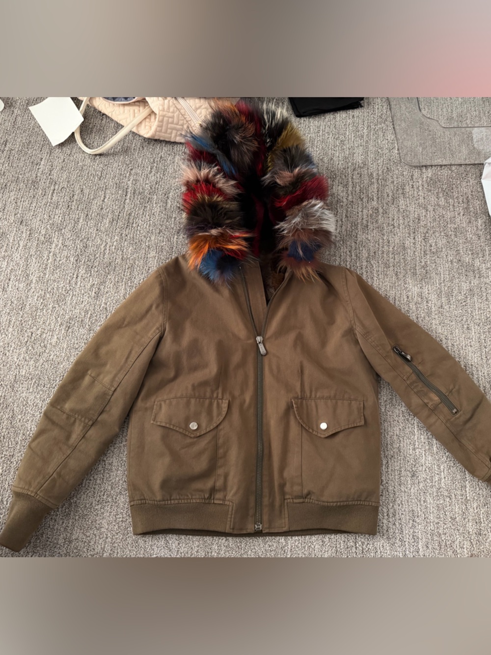 Olive Bomber Jacket with Multicolor Real Fur Hood and interior